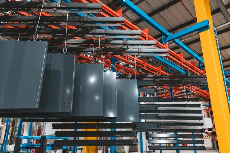 Industrial overhead conveyor system supporting door manufacturing operations