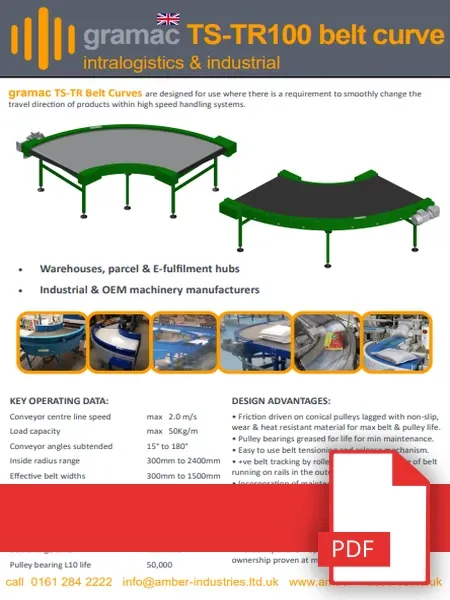 Technisches Datenblatt TS-TR100 herunterladen Gramac TS-TR100 industrial and intralogistics belt curve technical data sheet